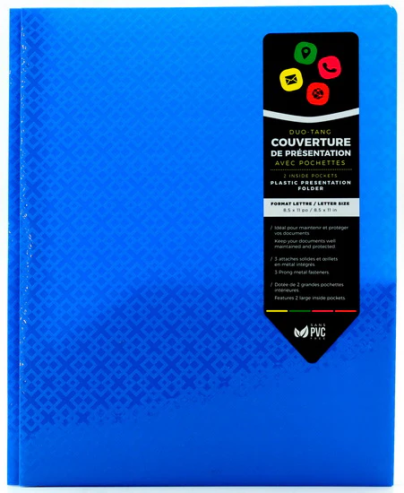 Duo-tang bleu à motifs avec pochettes