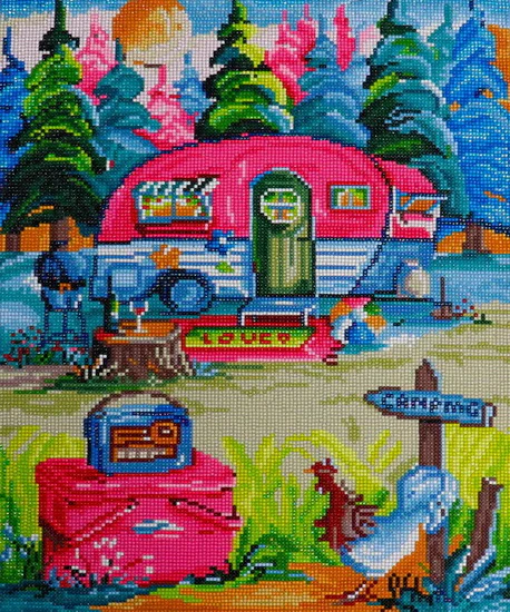 La poule en camping Tableau à diamanter 40 x 50cm