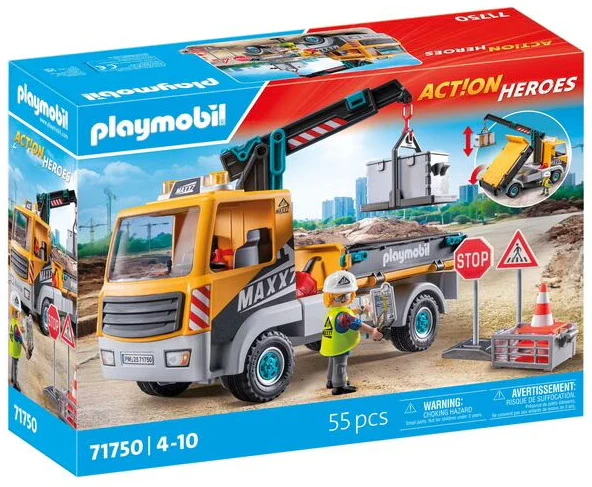Camion de chantier avec grue, ouvrier et accessoires