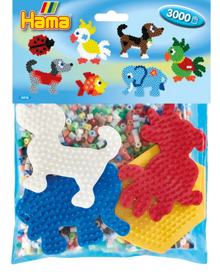 Hama Kit env. 3000 perles, 4 plaques: petite hexagonale,  petit éléphan, perroquet et petit chien.