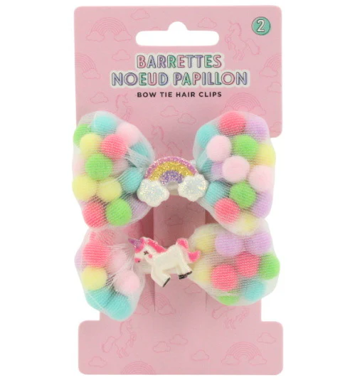 Ens. 2 barrettes nœuds papillons pompoms