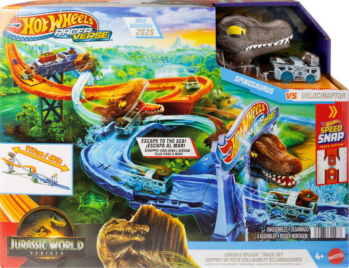 Hot Wheels Circuit Crash & Splash et voiture miniature dinosaure moulée sous pression